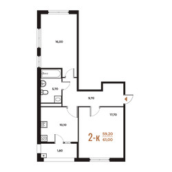 Планировка двухкомнатной(квартира) площадью 58.9 квадратных метров в ЖК “ЖК Новое Летово”