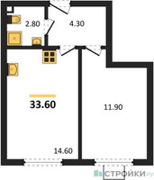 Планировка однокомнатной(квартира) площадью 33.6 квадратных метров в “ЖК Лучи-2”