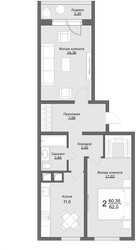 Планировка двухкомнатной(квартира) площадью 62 квадратных метров в ЖК “ЖК Клевер”