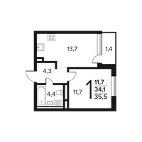 Планировка однокомнатной(квартира) площадью 35.5 квадратных метров в “Новые Ватутинки. Заречный”