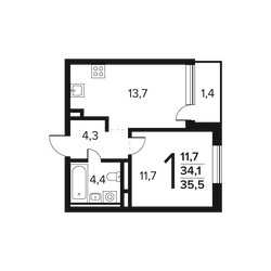 Планировка однокомнатной(квартира) площадью 35.5 квадратных метров в ЖК “Новые Ватутинки. Заречный”