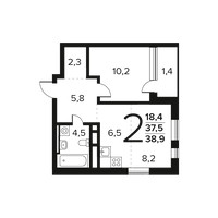 Планировка двухкомнатной(квартира) площадью 39 квадратных метров в “Новые Ватутинки. Заречный”