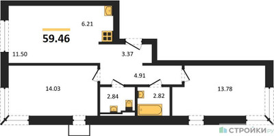 Планировка двухкомнатной(квартира) площадью 59.46 квадратных метров в ЖК “ЖК Квартал Западный”