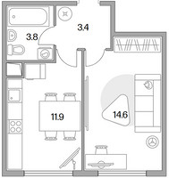 Планировка студии(квартира) площадью 33.7 квадратных метров в “ЖК Бригантина”
