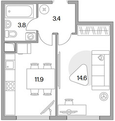 Планировка студии(квартира) площадью 33.7 квадратных метров в ЖК “ЖК Бригантина”