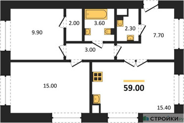 Планировка двухкомнатной(квартира) площадью 59 квадратных метров в ЖК “ЖК Voxhall (Воксхолл)”