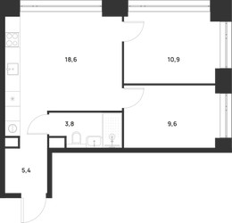 Планировка двухкомнатной(квартира) площадью 48.3 квадратных метров в ЖК “ЖК Войс”