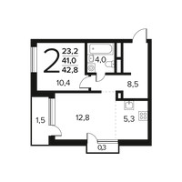 Планировка двухкомнатной(квартира) площадью 42.8 квадратных метров в “Новые Ватутинки. Заречный”