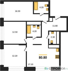 Планировка трехкомнатной(квартира) площадью 80.8 квадратных метров в ЖК “ЖК Первый Московский”