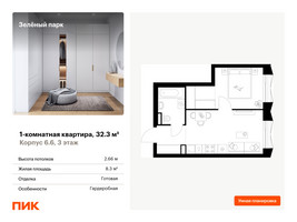 Планировка однокомнатной(квартира) площадью 32.3 квадратных метров в “ЖК Зеленый парк”