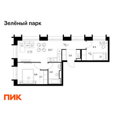 Планировка двухкомнатной(квартира) площадью 53.2 квадратных метров в ЖК “ЖК Зеленый парк”
