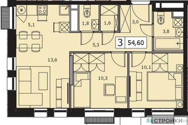 Планировка двухкомнатной(квартира) площадью 54.6 квадратных метров в ЖК “ЖК Квартал на воде (Графика на воде)”