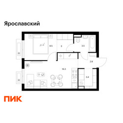 Планировка однокомнатной(квартира) площадью 37.5 квадратных метров в ЖК “ЖК Ярославский”