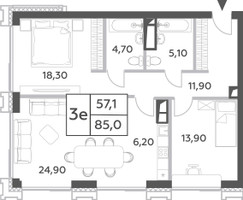 Планировка трехкомнатной(квартира) площадью 85 квадратных метров в “ЖК Will Towers (Вилл Тауэрс)”