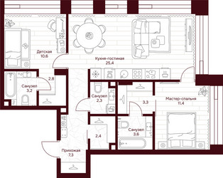 Планировка двухкомнатной(квартира) площадью 72.3 квадратных метров в ЖК “ЖК Дом 7 Даниловский”