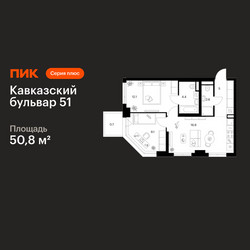 Планировка двухкомнатной(квартира) площадью 50.8 квадратных метров в ЖК “ЖК Кавказский бульвар 51”