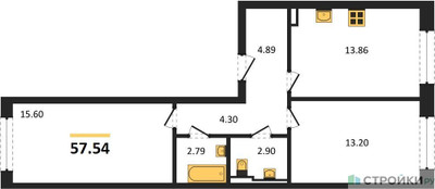 Планировка двухкомнатной(квартира) площадью 57.54 квадратных метров в ЖК “ЖК Новое Внуково”
