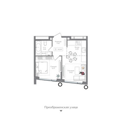 Планировка однокомнатной(квартира) площадью 42.05 квадратных метров в ЖК “ЖК Преображенская Площадь”