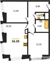 Планировка двухкомнатной(квартира) площадью 56.2 квадратных метров в “ЖК Обручева 30”