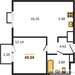 Планировка однокомнатной(квартира) площадью 43.54 квадратных метров в ЖК “ЖК Пятницкие луга”
