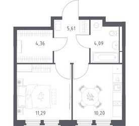 Планировка однокомнатной(квартира) площадью 35.55 квадратных метров в ЖК “ЖК Космический Квартал”