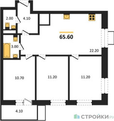 Планировка трехкомнатной(квартира) площадью 65.6 квадратных метров в ЖК “ЖК Союзный”