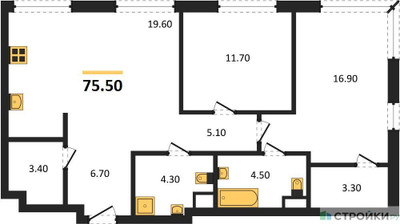 Планировка двухкомнатной(квартира) площадью 75.5 квадратных метров в ЖК “ЖК Voxhall (Воксхолл)”