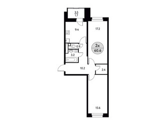 Планировка двухкомнатной(квартира) площадью 60.6 квадратных метров в ЖК “ЖК Солнечная долина (Щёлково)”