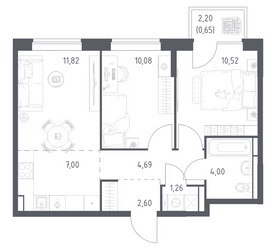 Планировка двухкомнатной(квартира) площадью 52.62 квадратных метров в ЖК “ЖК Богдановский Лес”