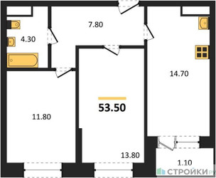 Планировка двухкомнатной(квартира) площадью 53.5 квадратных метров в “ЖК Пушкино Град”