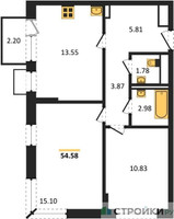 Планировка двухкомнатной(квартира) площадью 54.58 квадратных метров в “ЖК Богдановский Лес”