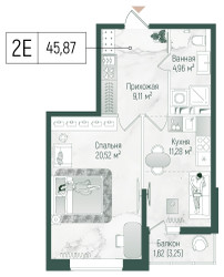 Планировка однокомнатной(квартира) площадью 47.5 квадратных метров в ЖК “ЖК Рига Хиллс”