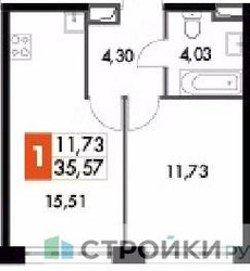 Планировка однокомнатной(апартаменты) площадью 35.57 квадратных метров в “ЖК Движение. Говорово”