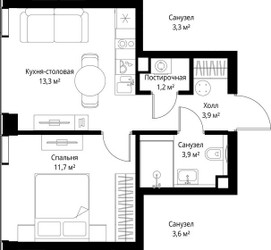 Планировка однокомнатной(квартира) площадью 37.47 квадратных метров в ЖК “ЖК Веер”
