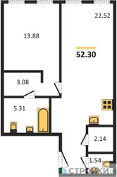 Планировка однокомнатной(апартаменты) площадью 52.3 квадратных метров в ЖК “ЖК Insider (Инсайдер)”