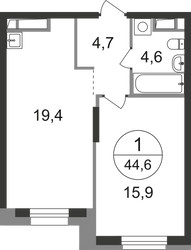 Планировка однокомнатной(квартира) площадью 44.6 квадратных метров в ЖК “ЖК Первый Московский”