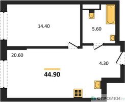 Планировка однокомнатной(квартира) площадью 44.9 квадратных метров в “Архитектурный проект U2 (ЮТУ)”