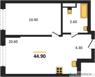 Планировка однокомнатной(квартира) площадью 44.9 квадратных метров в ЖК “Архитектурный проект U2 (ЮТУ)”