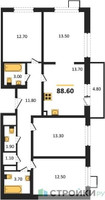 Планировка 4+ комнатной(квартира) площадью 88.6 квадратных метров в “ЖК Первый Лермонтовский”