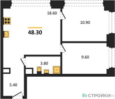 Планировка двухкомнатной(квартира) площадью 48.3 квадратных метров в “ЖК Voice Towers (Войс Тауэрс)”