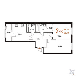 Планировка двухкомнатной(квартира) площадью 65.2 квадратных метров в ЖК “ЖК Новое Летово”