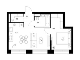 Планировка однокомнатной(квартира) площадью 39.3 квадратных метров в “ЖК Строгино 360”