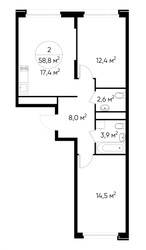 Планировка двухкомнатной(квартира) площадью 58.8 квадратных метров в ЖК “ЖК Переделкино Ближнее”