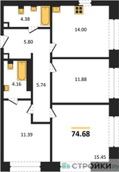 Планировка трехкомнатной(квартира) площадью 74.68 квадратных метров в ЖК “ЖК Sezar City (Сезар Сити)”