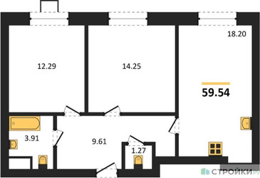 Планировка двухкомнатной(квартира) площадью 59.54 квадратных метров в ЖК “ЖК Мечта”