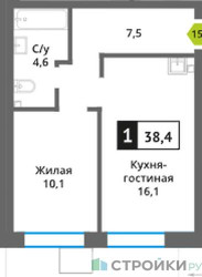 Планировка однокомнатной(квартира) площадью 38.4 квадратных метров в ЖК “ЖК Никольский квартал Отрада”