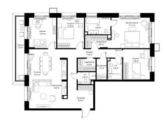 Планировка 4+ комнатной(квартира) площадью 130.59 квадратных метров в ЖК “Архитектурный проект Мыс”