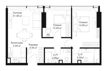 Планировка двухкомнатной(квартира) площадью 62.8 квадратных метров в ЖК “ЖК Слава”