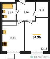 Планировка однокомнатной(квартира) площадью 34.96 квадратных метров в “ЖК Новотомилино”