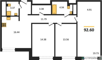 Планировка трехкомнатной(квартира) площадью 92.6 квадратных метров в ЖК “ЖК Self (Селф)”